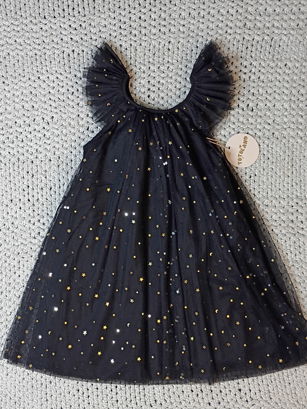 NWT Tutuland Children's Black Gold Star-Embellished Layered Tulle Dress, 6-7